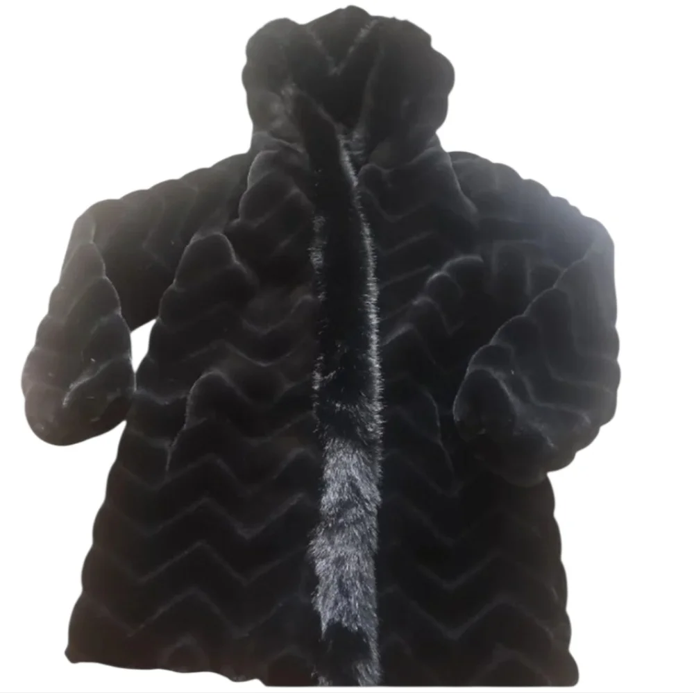 Gallery Hooded Black Faux Fur Jacket Sz L - Picture 8 of 16